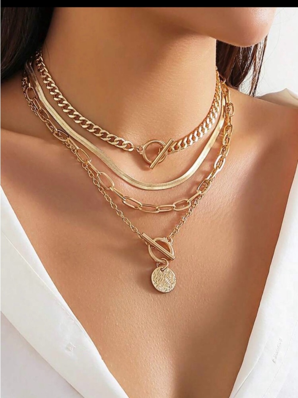 Gold Layered Coin Toggle Necklace Set - Women's Jewelry
